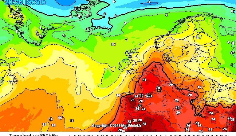 Přes 35°C opět v závěru týdne. Teplota v 850hPa v Evropě na 14.8.2026.